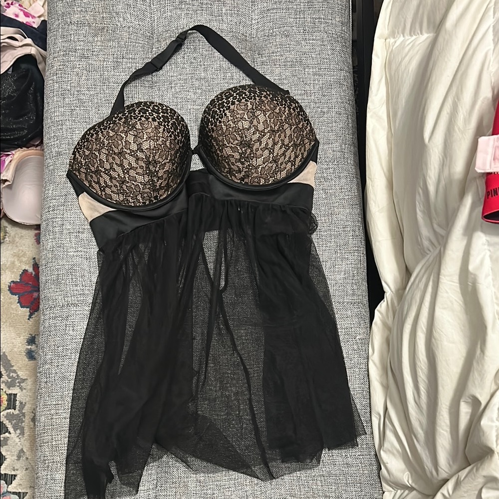 Never worn sexy black lace bra halter babydoll top 34DD  Victoria secret